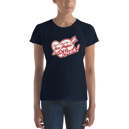 photo of woman wearing spanglish red sox the red seat design white lettering on blue women's t-shirt