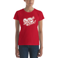 photo of woman wearing spanglish red sox the red seat design white lettering on red women's t-shirt