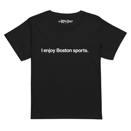 women's black t-shirt with the words i enjoy boston sports in white simple text.