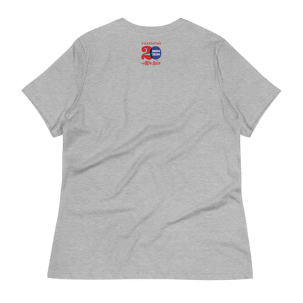 photo of the back of a grey women's t shirt with the red seat building character design of the boston red sox fenway park.