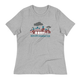 grey women's t shirt with the red seat building character design of the boston red sox fenway park.