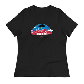 black women's t-shirt with a red and blue design of boston red sox fenway park with a black cloud and the words "god hates us"