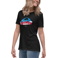woman wearing black unisex t-shirt with a red and blue design of boston red sox fenway park with a black cloud and the words "god hates us"