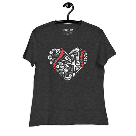 black women's t-shirt with design with heart shaped design with red sox fenway park designs on hanger