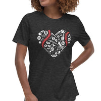 photo of woman wearing black women's t-shirt with design with heart shaped design with red sox fenway park designs