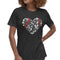 photo of woman wearing black women's t-shirt with design with heart shaped design with red sox fenway park designs