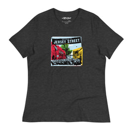 photo of women's dark grey t-shirt with boston red sox fenway park jersey street gate a design with blocks of color
