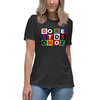 woman wearing dark grey t-shirt with BORESTDSONOX in color blocks boston red sox the red seat