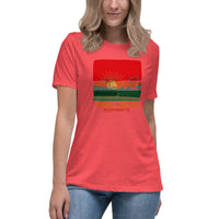 photo of woman wearing the red seat boston hand drawn design of sunset at fenway park red woman's T-shirt