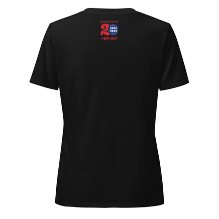 back of black women's v-neck shirt with the red seat 20 year anniversary logo