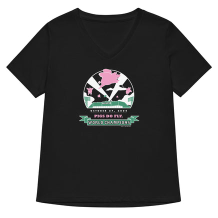 black women's v-neck t-shirt with 2004 boston red sox world series champion design with pigs flying over fenway park at night