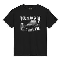 Fenway Gothic youth Comfort Colors tee in black, flat front view: Fenway Park at night under the light towers with FENWAY in gothic blackletter