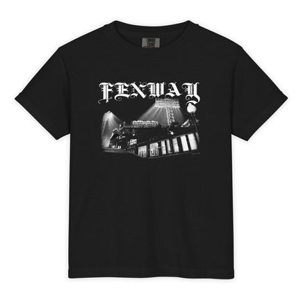 Fenway Gothic youth Comfort Colors tee in black, flat front view: Fenway Park at night under the light towers with FENWAY in gothic blackletter