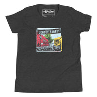 photo of dark grey t-shirt with boston red sox fenway park jersey street gate a design with blocks of color