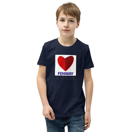 kid wearing navy youth t-shirt with the boston fenway citgo sign in the shape of a heart
