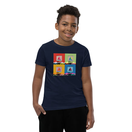 boy wearing Navy blue youth unisex t-shirt with boston citgo sign design in colorful 4 up grid in the style of andy warhol