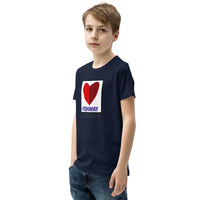 boy wearing navy youth t-shirt with the boston fenway citgo sign in the shape of a heart