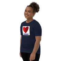 girl wearing navy youth t-shirt with the boston fenway citgo sign in the shape of a heart