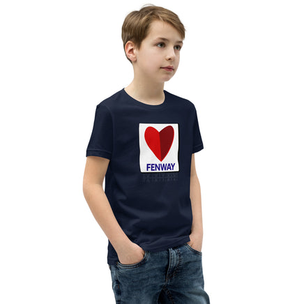 boy wearing navy youth t-shirt with the boston fenway citgo sign in the shape of a heart