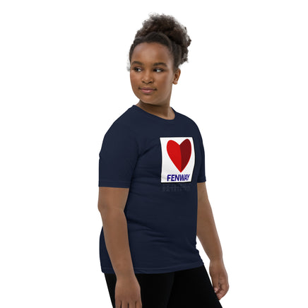 girl wearing navy youth t-shirt with the boston fenway citgo sign in the shape of a heart
