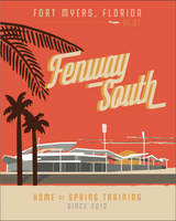 Fenway South art print with red background and jetblue park with palm trees.