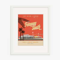 Fenway South art print with red background and jetblue park with palm trees. White Frame