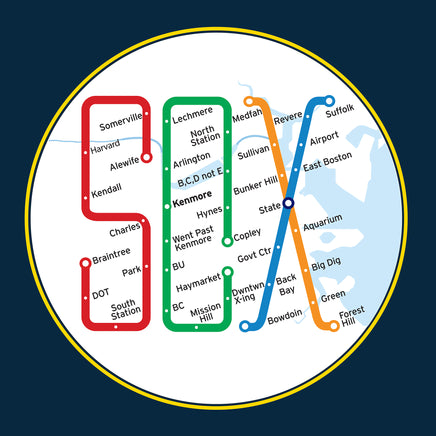 Boston MBTA design as Red Sox stops using the word Sox, on navy blue background