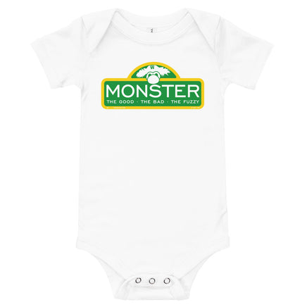 Wallzilla Jr. (Baby)-The Red Seat onesie with boston red sox green monster as sesame street sign