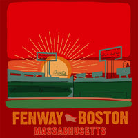 the red seat boston hand drawn design of sunset at fenway park red background