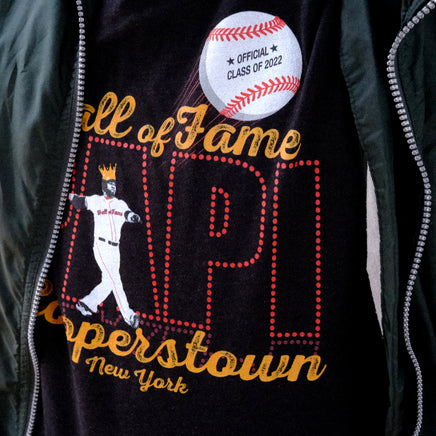 close up photograph of man wearing The Hall The Red Seat David Ortiz Boston Red Sox Cooperstown Hall of fame Elvis comeback special design on black unisex t-shirt