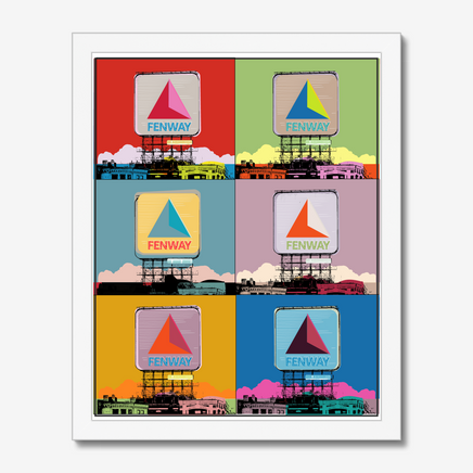 11 x 14 Art print design of boston citgo sign design in colorful 6 up grid in the style of andy warhol. mounted on a wall in white frame