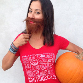 woman wearing red red sox t-shirt design from 2013 with many memorable moments the red seat