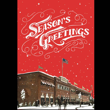 Season's Greetings! (Greeting Card Pack)-The Red Seat old time photograph of fenway park with red sky snowing