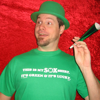 man wearing The Lucky Sox Shirt-The Red Seat Green background st patrick's day design