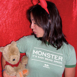 woman wearing t-shirt The Monstah-The Red Seat monster in white Boston Red Sox Green Monster seat design