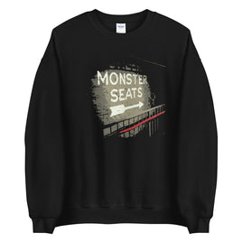 Monster Seats-The Red Seat Design with the words Monster Seats painted on a wall fenway park boston on black crewneck sweatshirt