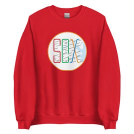 Boston MBTA design as Red Sox stops using the word Sox, on red crewneck sweatshirt
