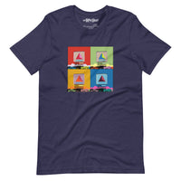 Navy blue unisex t-shirt with boston citgo sign design in colorful 4 up grid in the style of andy warhol