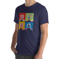man wearing Navy blue unisex t-shirt with boston citgo sign design in colorful 4 up grid in the style of andy warhol