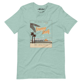 light green t-shirt with Mid Century modern design of JetBlue Park in Fort Myers at Sunset. Red Sox Spring Training.