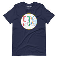 Boston MBTA design as Red Sox stops using the word Sox, on navy blue unisex t-shirt