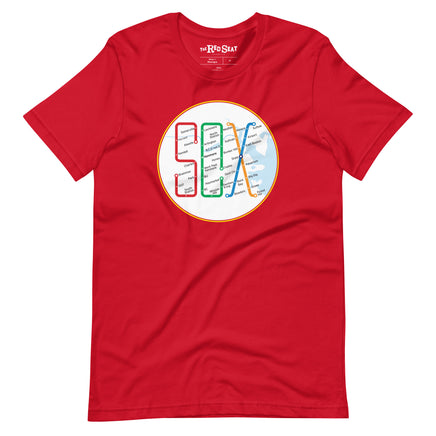 Boston MBTA design as Red Sox stops using the word Sox, on red t-shirt