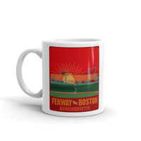 the red seat boston hand drawn design of sunset at fenway park red mug