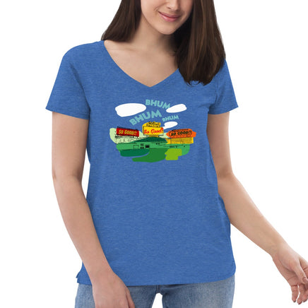 the red seat middle 8 design of fenway park on a blue women's v-neck t-shirt with sweet caroline so good.