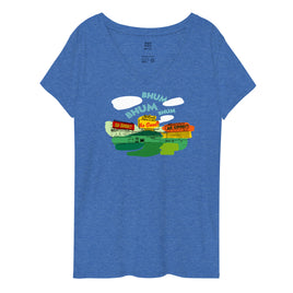 the red seat middle 8 design of fenway park on a blue women's v-neck t-shirt with sweet caroline so good.