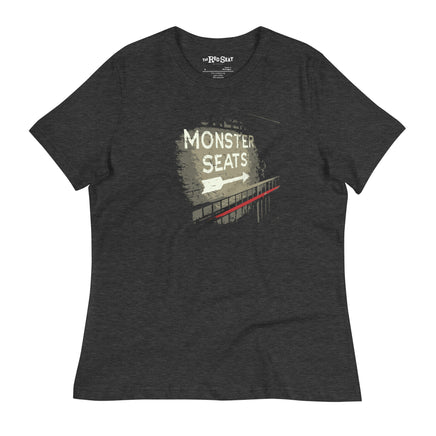 Monster Seats-The Red Seat Design with the words Monster Seats painted on a wall fenway park boston women's black t-shirt