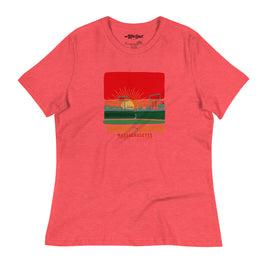 the red seat boston hand drawn design of sunset at fenway park red woman's T-shirt