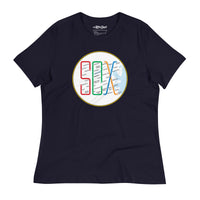 Boston MBTA design as Red Sox stops using the word Sox, on navy blue women's t-shirt