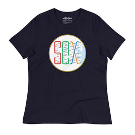 Boston MBTA design as Red Sox stops using the word Sox, on navy blue women's t-shirt