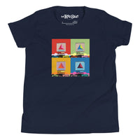Navy blue youth unisex t-shirt with boston citgo sign design in colorful 4 up grid in the style of andy warhol